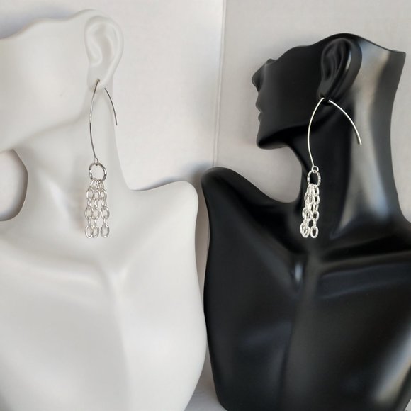 Handmade Silver Plated Chain Earrings on Boomerang Wires 3 Inches - Picture 10 of 16